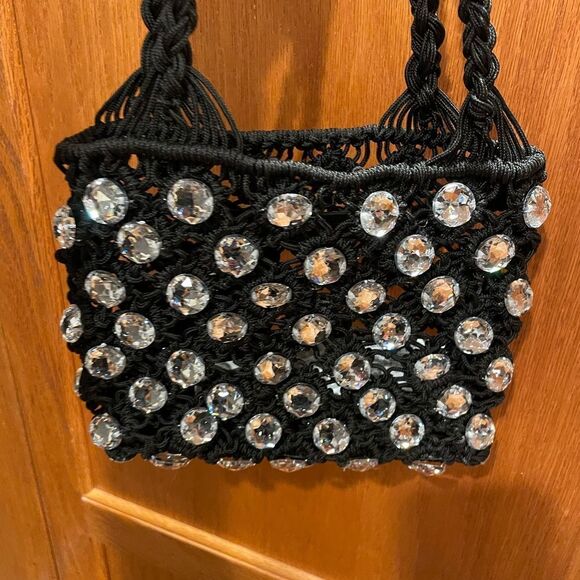 ZARA Black Crocheted Rhinestone Jeweled Evening Purse - Picture 10 of 16